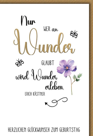 Geburtstagskarte Zitat – Aquarellblume mit Erich Kästner Spruch und Schmetterlingen
