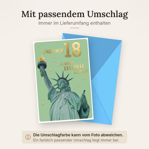 Geburtstagskarte zum 18. Geburtstag - Freiheitsstatue Motiv, Festliche Glückwünsche für Teenagerfeier