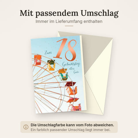 Geburtstagskarte zum 18. Geburtstag - Riesenrad-Motiv, Glückwünsche zur Volljährigkeit im Freizeitpark-Stil