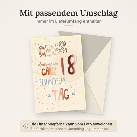 Geburtstagskarte zum 18. Geburtstag: Stilvolle Karte mit Punkten, Zuckerrohrpapier & Roségoldfolie - "Cheers" zur Volljährigkeit und Jugendweihe
