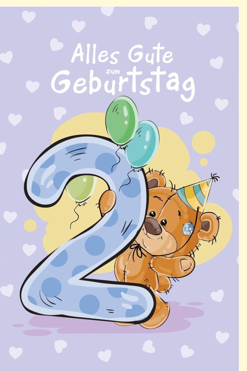 Geburtstagskarte zum 2. Geburtstag: Farbenfrohe Zahlenkarte mit Teddybär und Luftballons im Herzchen - Design