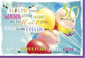 Geburtstagskarte zum 30. Jubiläum - Bunte Ballons & Disney Zitat für eine Festliche Gratulation