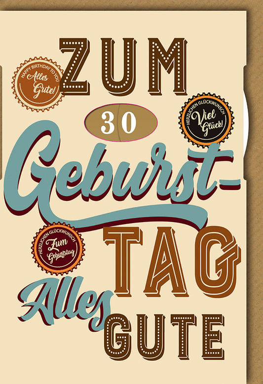 Geburtstagskarte 30 Jahre Retro – Bunte Typografie im Vintage-Stil mit Glückwünschen