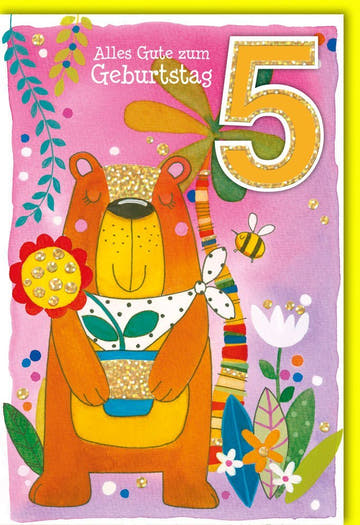 Geburtstagskarte zum 5. Geburtstag - Bunte Bären, Ballons & Blumen für eine fröhliche Feier