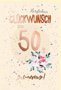 Geburtstagskarte zum 50. - Elegantes Blumenmotiv auf Zuckerrohrpapier, Roségoldfolie, Perfektes Geschenk für Frauen in Beige & Rosa