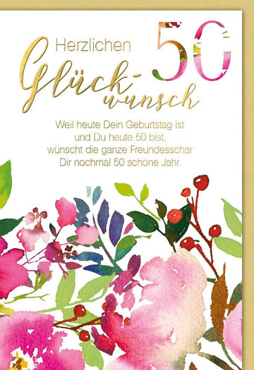 Geburtstagskarte zum 50. Jubiläum - Aquarellblumen für den besonderen Fünfzigsten