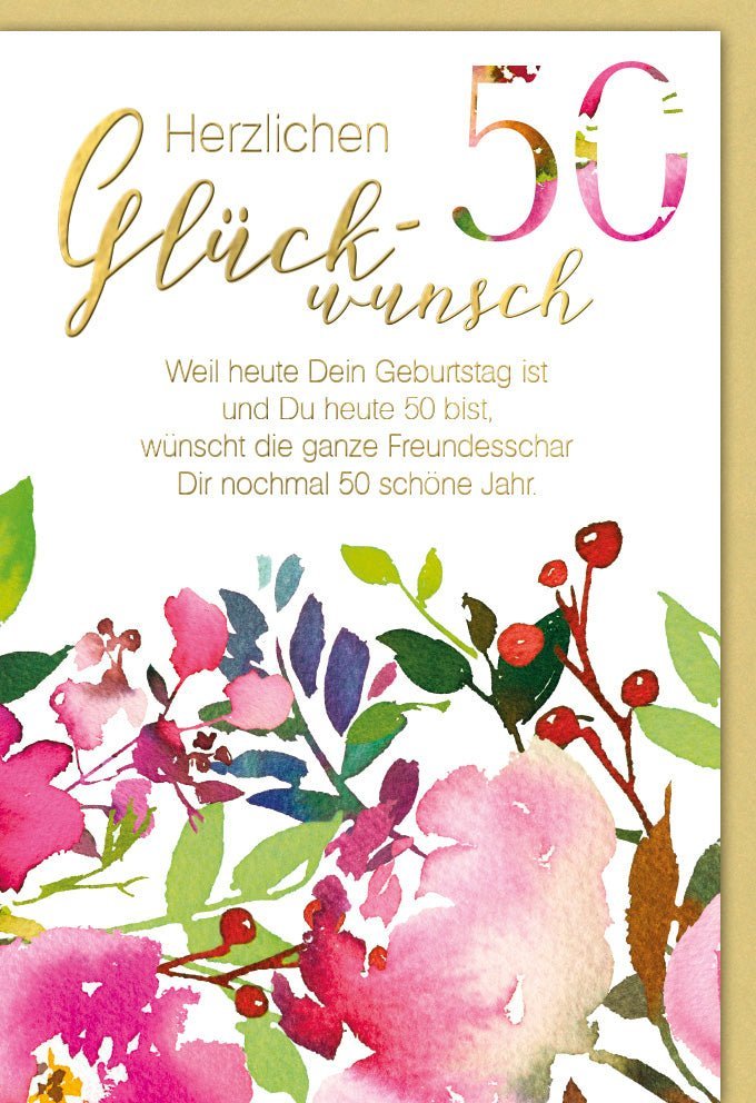 Geburtstagskarte zum 50. Jubiläum - Aquarellblumen für den besonderen Fünfzigsten