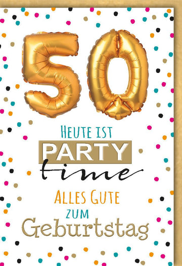 Geburtstagskarte zum 50. Jubiläum - Elegante Feier in Gold, Schwarz & Weiß mit bunten Akzenten und festlichem Ballon - Design