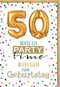 Geburtstagskarte zum 50. Jubiläum - Elegante Feier in Gold, Schwarz & Weiß mit bunten Akzenten und festlichem Ballon-Design