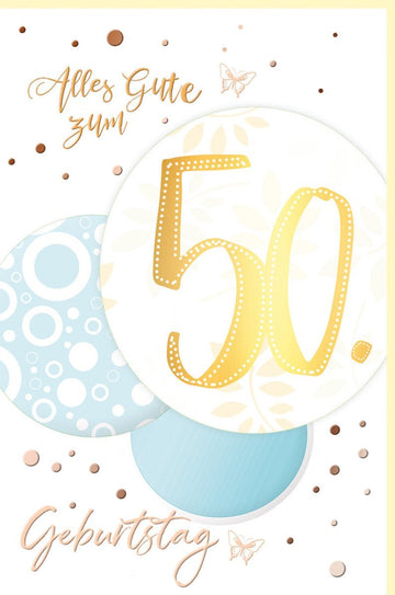 Geburtstagskarte zum 50. Jubiläum - Elegante Glückwünsche mit Goldfolie, Konfetti & Schmetterlingsdesign für runden Geburtstag