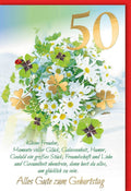 Geburtstagskarte zum 50. Jubiläum - Elegante Karte mit Goldprägung, Kleeblatt & Blumenstrauß, Humorvolle Glückwünsche für Frauen & Männer