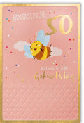 Geburtstagskarte zum 50. Jubiläum - Festliches Bienen- & Luftballons-Design mit Goldprägung und humorvollen Glückwünschen in Rosa