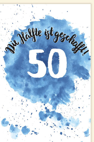 Geburtstagskarte zum 50. Jubiläum: Stilvolle Aquarell - Glückwunschkarte in Blau & Weiß für die Halbzeit - Fünfzig Feier