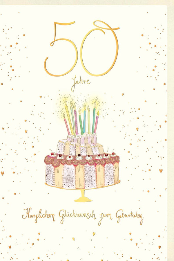 Geburtstagskarte zum 50. - Stilvolle Jubiläumskarte mit Torte, Kerzen und Gold für festliche Feierlichkeiten