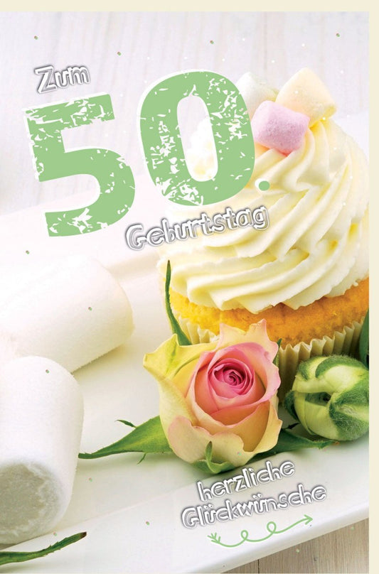 Geburtstagskarte zum 50. - Stilvolle Karte mit Torte & Rose, Festliche Details, Perfekt zum Gratulieren & Feiern