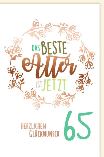 Geburtstagskarte zum 65. Jubiläum – Elegante Glückwünsche mit Blumen und stilvollem Altersmotiv