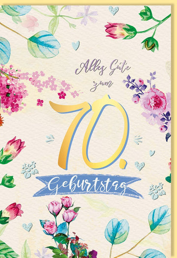 Geburtstagskarte zum 70. Jubiläum - Aquarellblumen Design, Festliche Glückwünsche