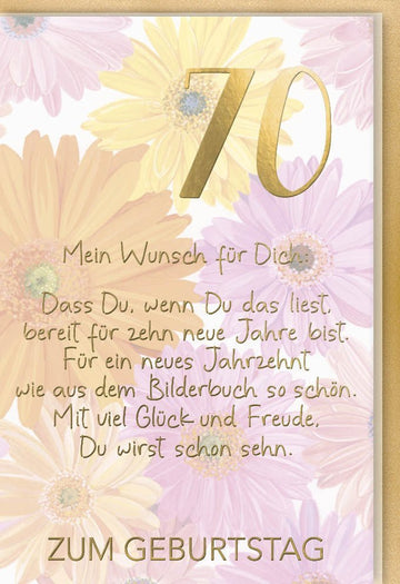 Geburtstagskarte zum 70. Jubiläum - Elegante Glückwünsche mit Blumen und Goldakzenten