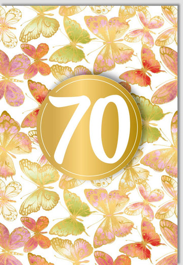 Geburtstagskarte zum 70. Jubiläum - Elegante Glückwünsche mit Schmetterlingen, Gold & Beige Dekoration, Einladung für den Siebzigsten
