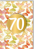 Geburtstagskarte zum 70. Jubiläum - Elegante Glückwünsche mit Schmetterlingen, Gold & Beige Dekoration, Einladung für den Siebzigsten