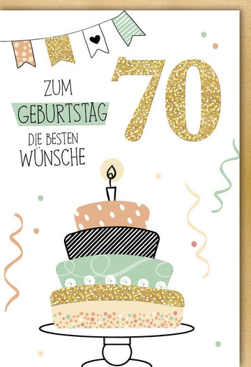 Geburtstagskarte zum 70. Jubiläum - Elegante Glückwünsche mit Torte, Kerze & Glitzer, Goldene Akzente für den Siebzigsten, Geburtstagskarten - 70 - Jahre