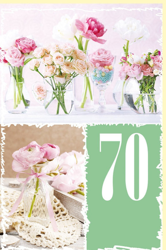 Geburtstagskarte zum 70. Jubiläum – Elegante Karte mit Rosen & Vasen, Pastellfarben für Frauen, Festliche Tischdekoration