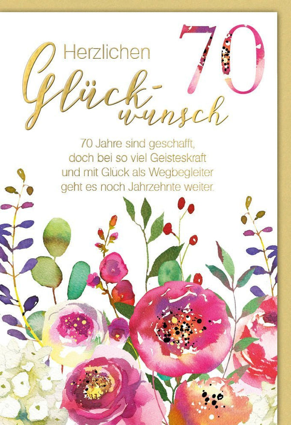 Geburtstagskarte zum 70. Jubiläum - Stilvolle Karte mit Aquarellblumen und goldenem Schriftzug