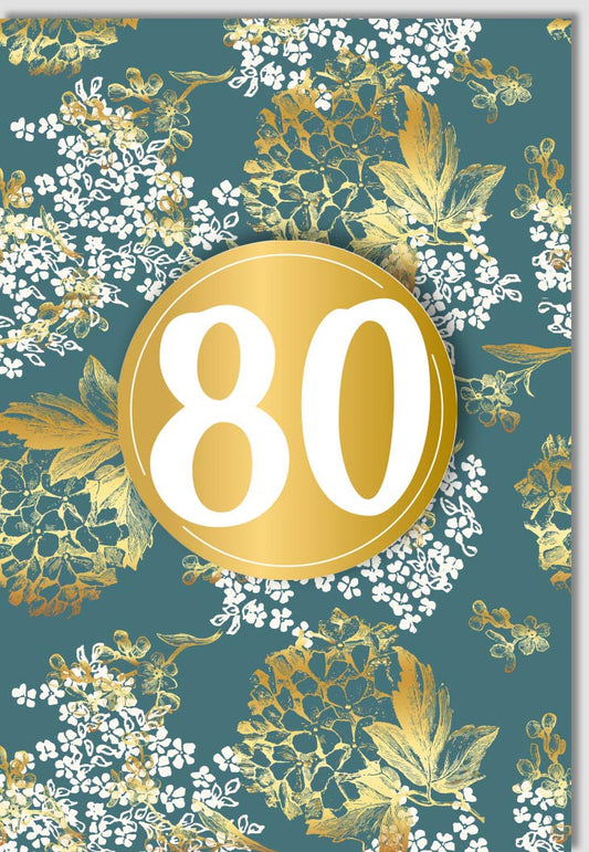 Geburtstagskarte zum 80. - Elegante Glückwünsche mit goldenem Blattdesign und luxuriösem Glanz für den besonderen Anlass