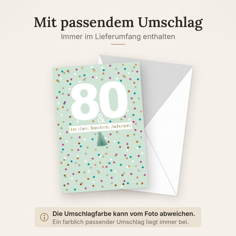 Geburtstagskarte zum 80. Jubiläum - XL Format, Bunte Punkte & Konfetti, "Beste Jahre" Spruch, Festliche Karte für besondere Anlässe