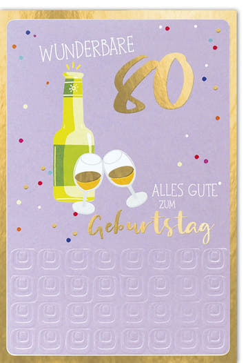 Geburtstagskarte zum 80. Jubiläum - Stilvolle Karte mit Sektgläsern und Gold - Lila Konfetti für besondere Glückwünsche