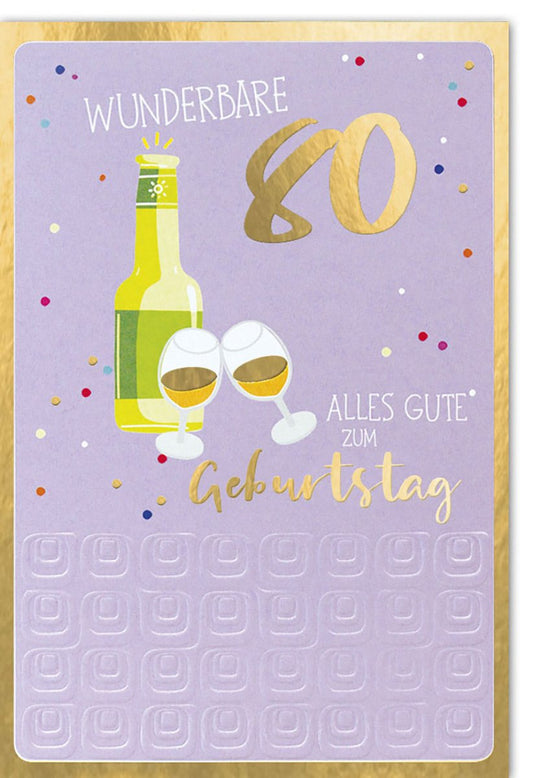 Geburtstagskarte zum 80. Jubiläum - Stilvolle Karte mit Sektgläsern und Gold - Lila Konfetti für besondere Glückwünsche