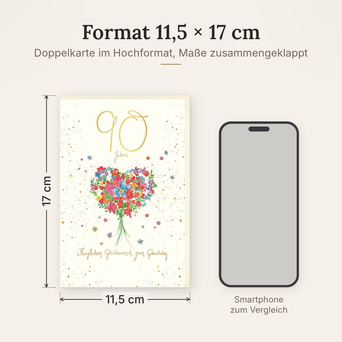 Geburtstagskarte zum 90. - Bunte Blumen, Blumenherz & Goldschrift für Herzliche Glückwünsche