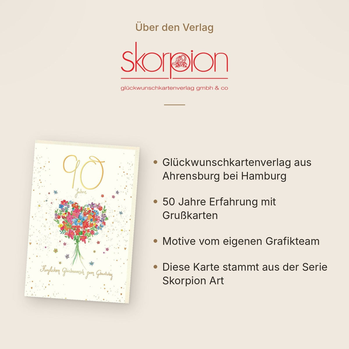 Geburtstagskarte zum 90. - Bunte Blumen, Blumenherz & Goldschrift für Herzliche Glückwünsche
