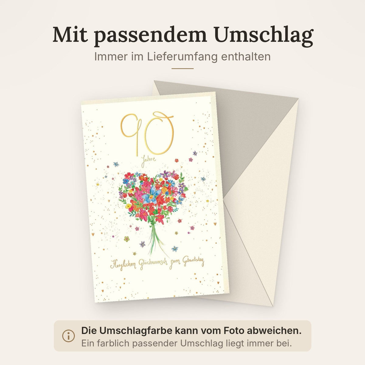 Geburtstagskarte zum 90. - Bunte Blumen, Blumenherz & Goldschrift für Herzliche Glückwünsche