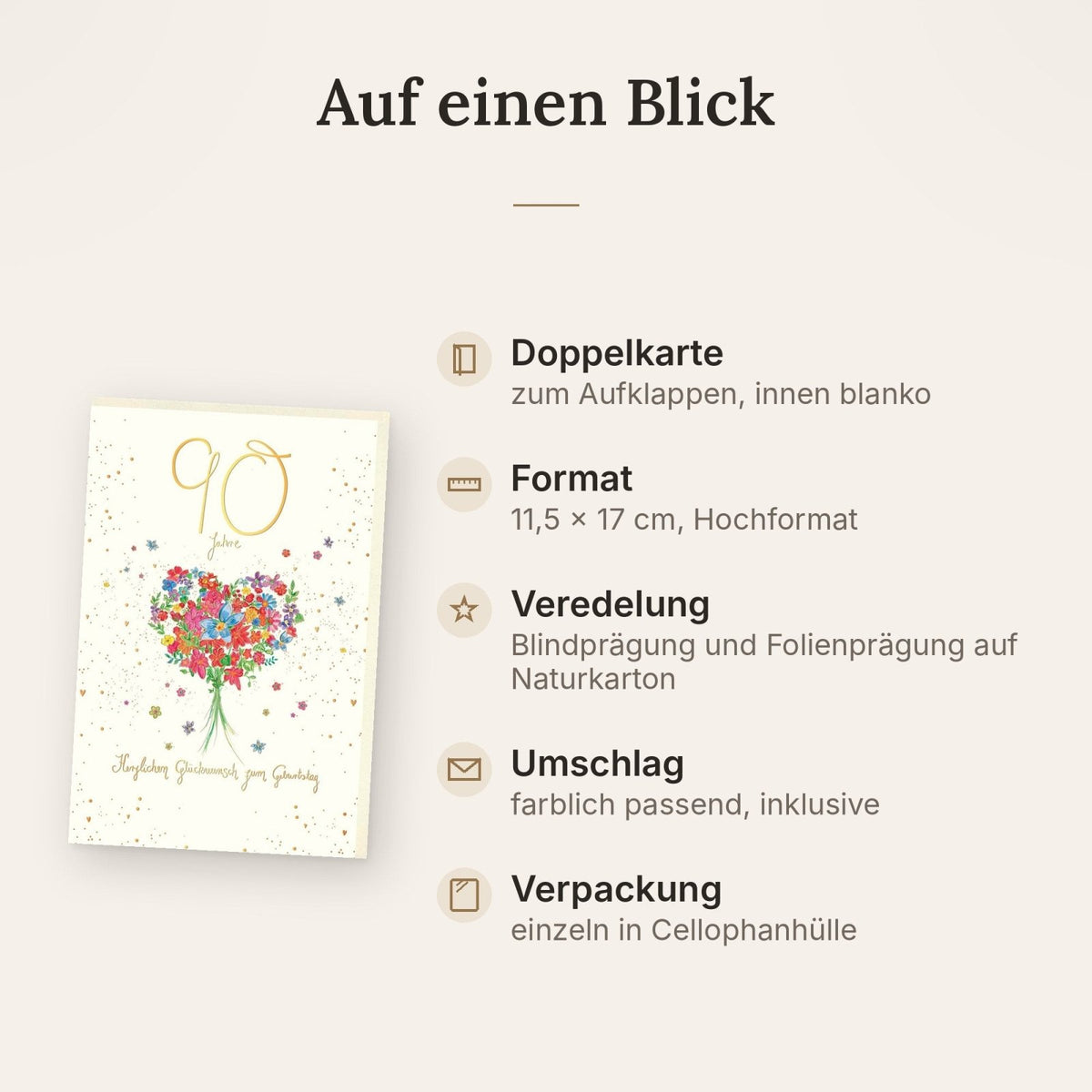 Geburtstagskarte zum 90. - Bunte Blumen, Blumenherz & Goldschrift für Herzliche Glückwünsche