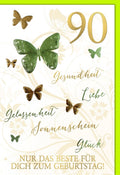 Geburtstagskarte zum 90. Geburtstag - Elegante Schmetterlingskarte mit Goldprägung in Grün & Weiß für Glück, Gesundheit und Freude