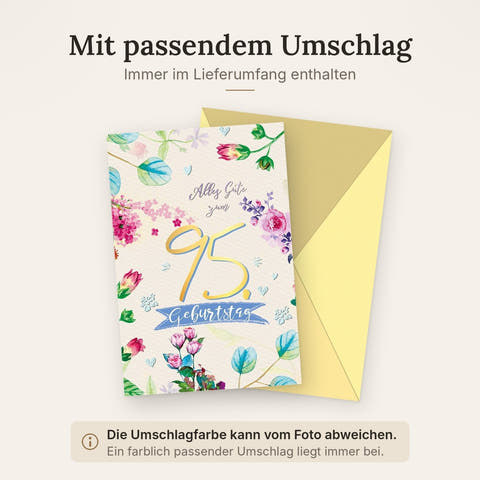 Geburtstagskarte zum 95.: Stilvolle Glückwünsche mit pastellfarbenen Blumen und Goldakzenten auf Naturkarton für Senioren, Familie & Freunde