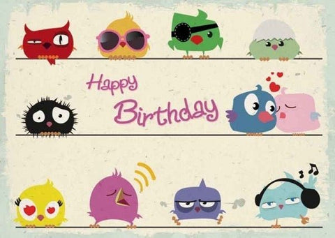 Geburtstagspostkarte: Bunte Vogelillustration für fröhliche Geburtstagsgrüße