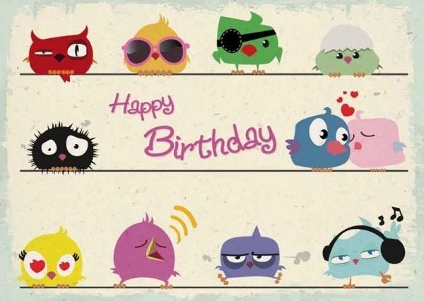 Geburtstagspostkarte: Bunte Vogelillustration für fröhliche Geburtstagsgrüße