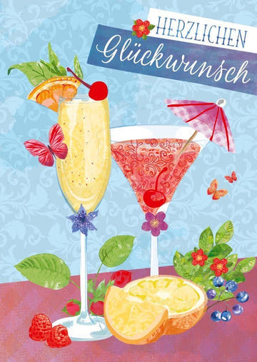 Geburtstagspostkarte Cheers: Herzliche Glückwünsche mit Cocktail - Motiven