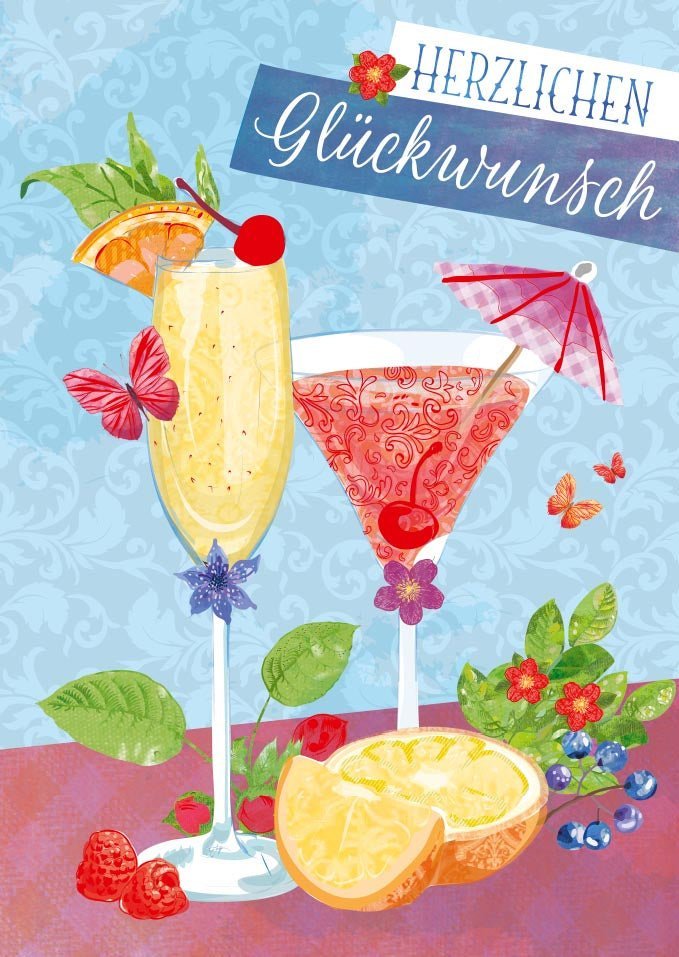 Geburtstagspostkarte Cheers: Herzliche Glückwünsche mit Cocktail - Motiven