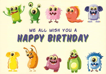 Geburtstagspostkarte Fröhliche Monster wünschen dir einen tollen Geburtstag!