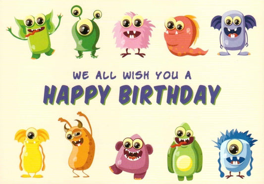 Geburtstagspostkarte Fröhliche Monster wünschen dir einen tollen Geburtstag!