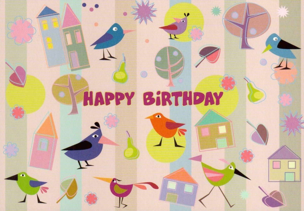 Geburtstagspostkarte: Fröhliche Vögel und bunte Häuser für einen besonderen Happy Birthday Gruß