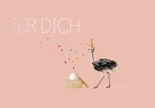 Geburtstagspostkarte - Fröhlicher Blumenstrauß mit Konfetti & Partyhut auf Rosa Hintergrund, Feierliche Illustration