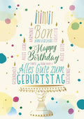 Geburtstagspostkarte Mehrsprachig mit Kerzenmotiv und Veredelung