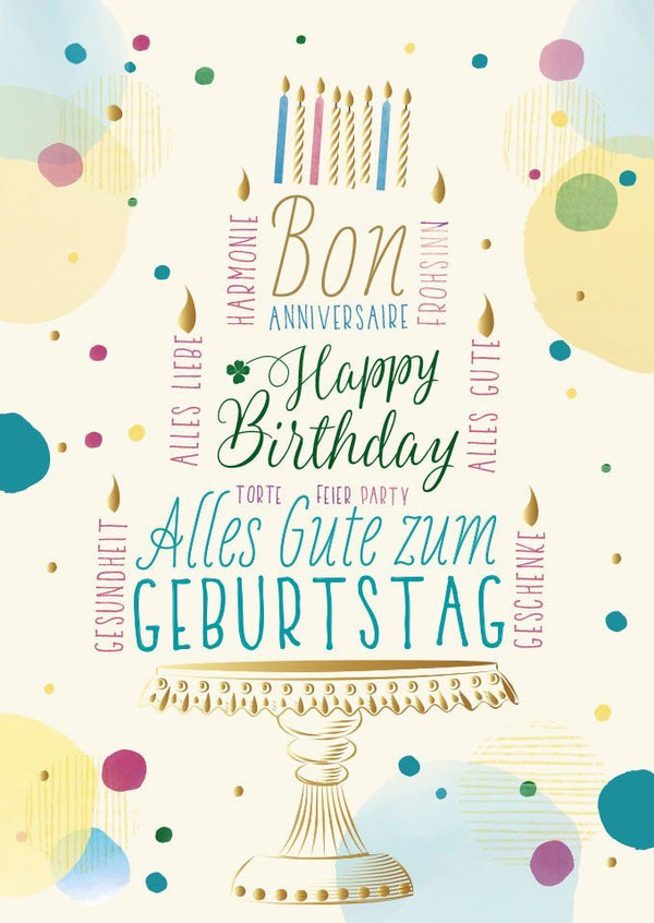 Geburtstagspostkarte Mehrsprachig mit Kerzenmotiv und Veredelung