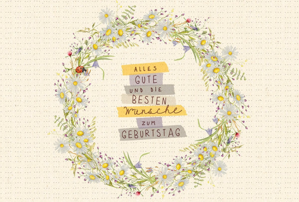 Geburtstagspostkarte mit Blätter- und Blütenkranz aus Zuckerrohrpapier
