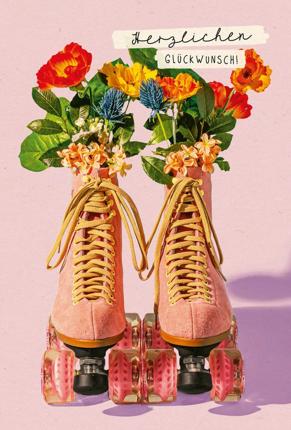 Geburtstagspostkarte mit Blumen & Rollschuhen - Vintage Retro Design auf Zuckerrohrpapier, Bunte Glückwünsche zum Geburtstag