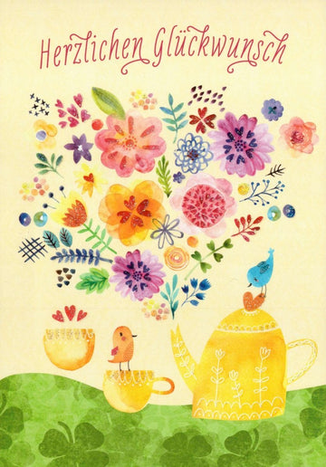Geburtstagspostkarte mit Blumen - und Vogelillustration – Herzliche Glückwünsche